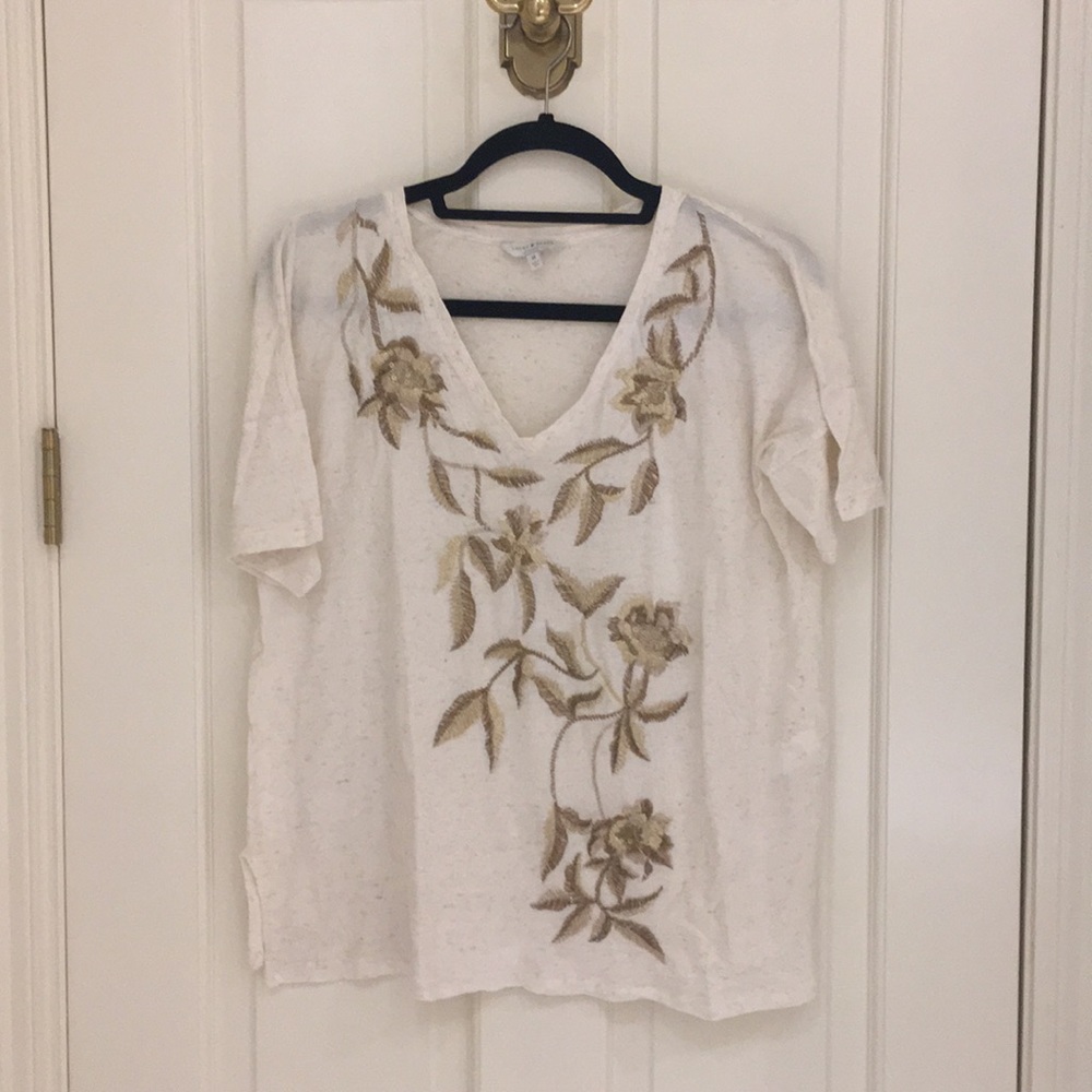 Lucky Brand cream v-neck tee, embroidered floral